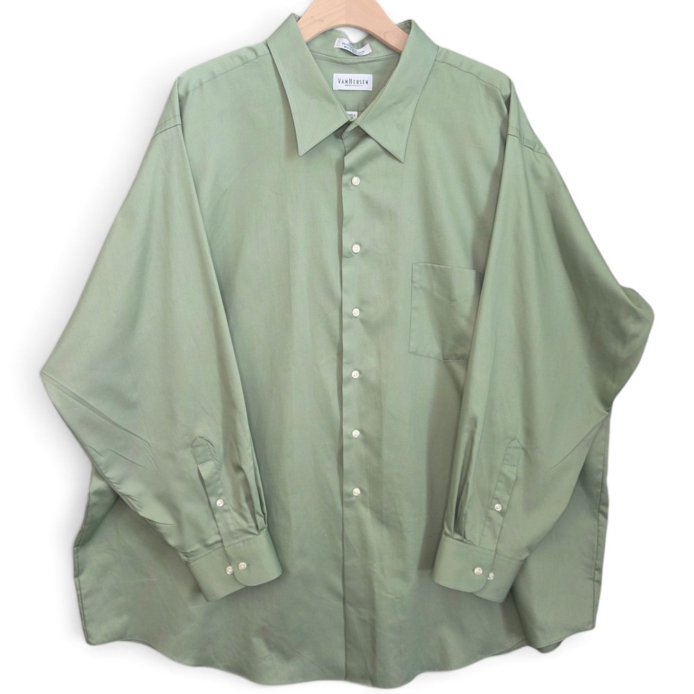 Van Heusen Mens Dress Shirt 20 34/35 Big Sage Green Lux Sateen Wrinkle Free LS